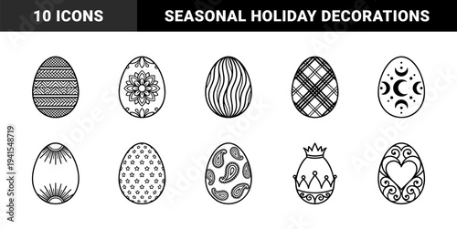 Easter egg decoration patterns for seasonal holiday branding. Minimalist monoline graphic elements featuring floral, celestial, and geometric folk art motifs.