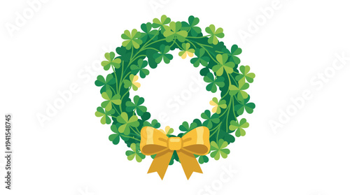 A decorative green shamrock wreath with a yellow ribbon. Symbolizing good luck and the spirit of St. Patrick's Day. 