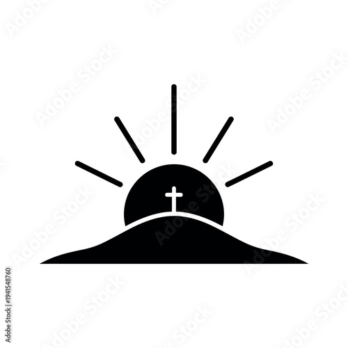Easter sunrise cross on hill silhouette.