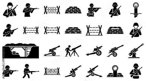 War and military icons with soldiers, weapons and fortifications on display. Perfect for various thematic designs.