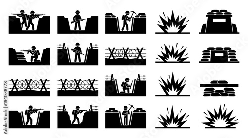 Military warfare scenes with soldiers in trench and explosions with multiple elements and variations