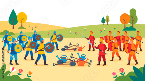 A garden war between two teams is happening in colorful art work. Armed with watering cans, rakes and shovels, the red team is fighting the blue team, creating conflict in vibrant landscape