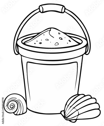 Bucket filled with sand, and seashells, beach holiday outline