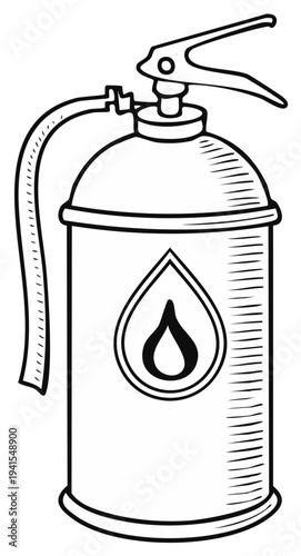Black and white illustration of a fire extinguisher with a flame icon.