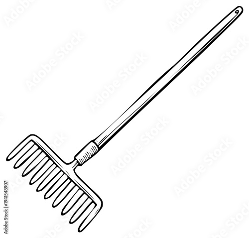 Illustration of garden rake with long handle and tines vector drawing
