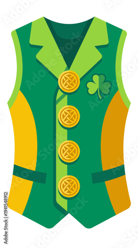 Festive green waistcoat with golden accents saint patrick's day featuring gold coins and shamrock decoration. Perfect for festive celebrations