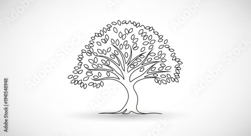 Stylized Tree Illustration with Detailed Branches and Leaves.