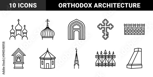 Orthodox Christian architecture and religious heritage elements featuring onion domes, cathedral spires, and traditional crosses in a clean monoline style.
