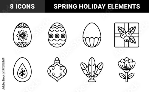 Easter celebration and spring holiday decorative elements for greeting cards. Minimalist monoline graphics featuring ornate eggs, gift box, and floral motifs.