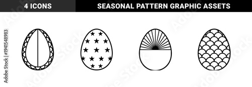 Easter egg line art symbols for seasonal branding and holiday crafts. Minimalist monoline vector graphics featuring star patterns, fish scales, and geometric rays.