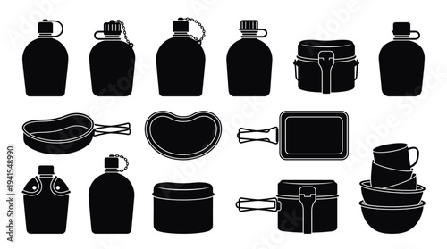 An array of silhouettes representing various camping equipment and supplies, perfect for outdoor adventures