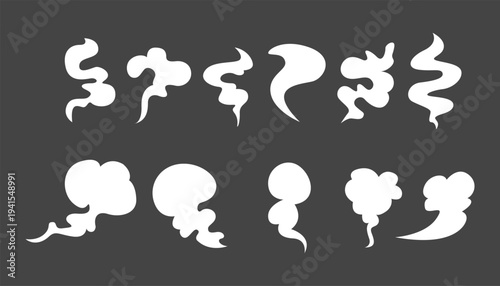 Comic smoke steam and dust wind silhouettes set, Coffee tea and soup steaming lines collection, Hand drawn Cartoon Fume Flow Effects Vector Illustration