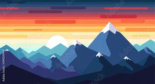 Stylized Mountain Range with Colorful Sunset Sky.