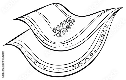 Stylized black and white illustration of a flowing draped fabric with decorative borders and a botanical motif.
