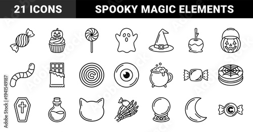 Halloween spooky treats and mystical elements in a uniform monoline aesthetic. Minimalist line art featuring candy, witchcraft tools, and seasonal party symbols.