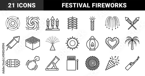Pyrotechnic celebration and festival firework elements. Monolinear black stroke pictograms featuring rockets, sparklers, mortars, and holiday explosion effects.
