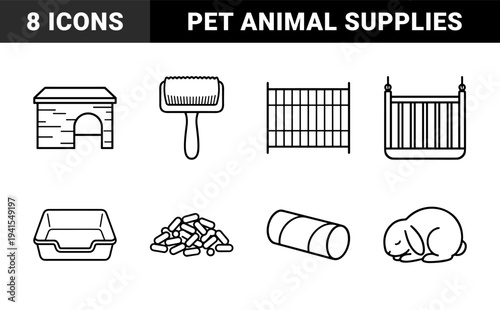 Pet rabbit care and housing equipment for small animal husbandry. Uniform monolinear pictograms featuring bunny hutch, litter box, and food.