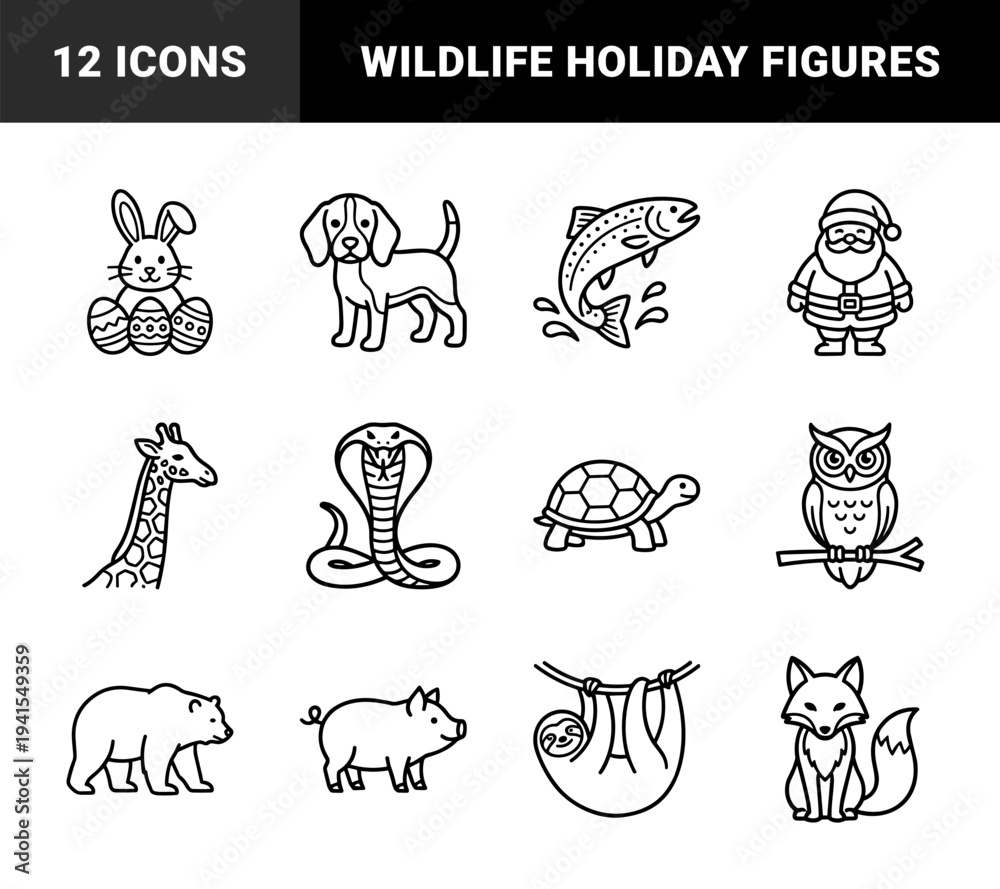 Obraz premium Diverse wildlife and seasonal character illustrations in a minimal monoline aesthetic. Clean black and white line art featuring zoo animals, pets, and festive figures for educational materials.