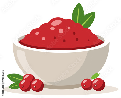Delicious festive cranberry sauce in a serving bowl with whole cranberries and leafy garnishes