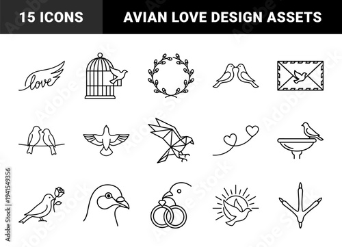 Avian romance and wedding symbols for invitation design. Monolinear black stroke illustrations featuring love birds, carrier pigeons, and marriage ceremony elements.