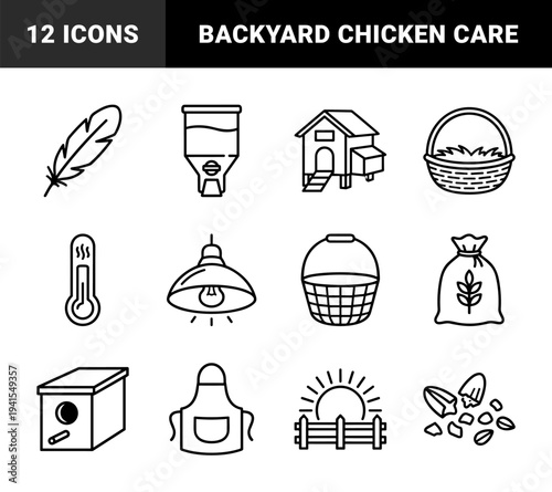 Poultry farming and backyard chicken coop management elements. Technical monoline pictograms featuring egg production, avian care, and livestock equipment.