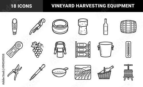 Winemaking and viticulture equipment for vineyard management. Bold monoline pictograms featuring corkscrews, barrels, and grape harvesting tools.