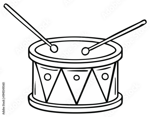 Simple Outline Drawing of a Drum with Two Drumsticks Ready to Play Music