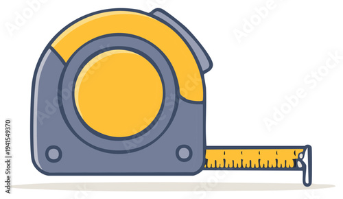 Illustration of a yellow and gray retractable tape measure, construction tool for measuring dimensions in DIY, repair, renovation.
