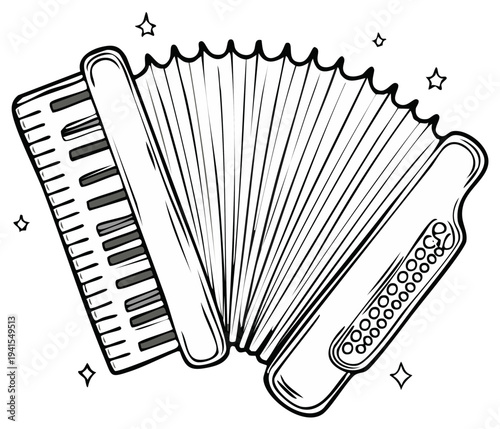 Illustration of a black and white accordion with keys and buttons against a white backdrop.