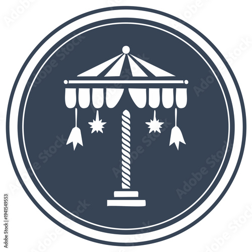 Carousel vector graphic inside circle frame. White amusement ride with top