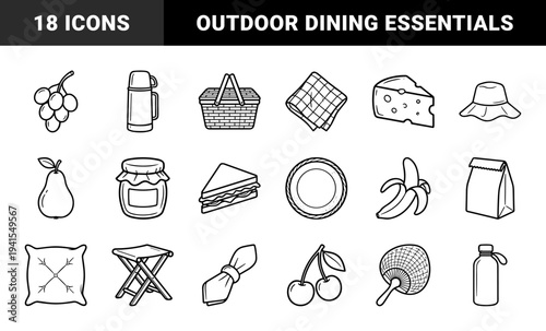 Outdoor picnic and summer leisure activities equipment. Minimalist monoline black and white line art featuring food, snacks, and catering supplies.