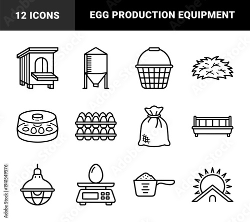 Poultry farming and egg production equipment for agricultural management. Uniform monoline pictograms featuring chicken coop, incubator, and silo elements.