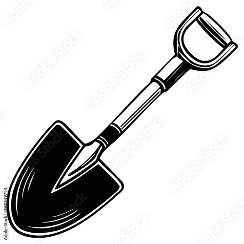 Illustration of a spade with a D-grip handle for digging tasks, black and white vector drawing, farm equipment, tool