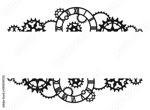 Black frame made of clock dial, different gears and cogwheels on a white background with place for text. Steampunk. Vintage horizontal border. Vector design template for greeting card, signage, label