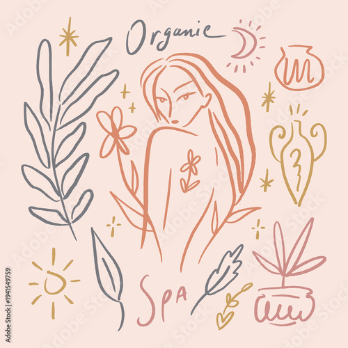 Boho sacred magic woman mystical symbol flat holistic healing meditation, reiki new age concept modern abstract silhouette divine feminine botanical silhouette vector moon child mystical mother earth