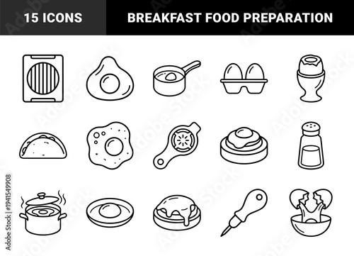 Breakfast preparation and egg cooking techniques depicted in bold monoline style. Minimalist culinary elements featuring boiling, frying, slicing, and poaching equipment.