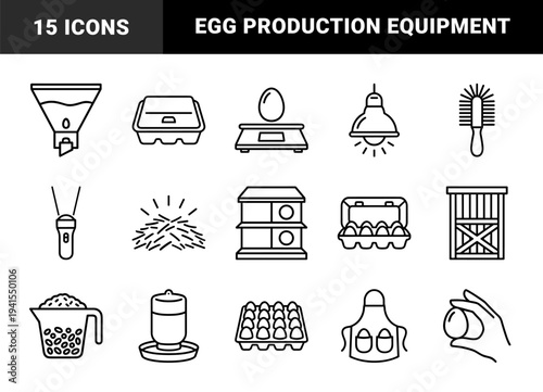 Poultry farming and egg production equipment for agricultural business. Technical monoline pictograms featuring chicken coop, incubator, and hatchery supply elements.
