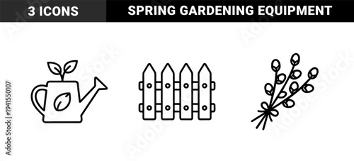 Spring gardening and seasonal agriculture elements for botanical branding. Uniform monoline pictograms featuring garden fence, watering can, and pussy willow branches.