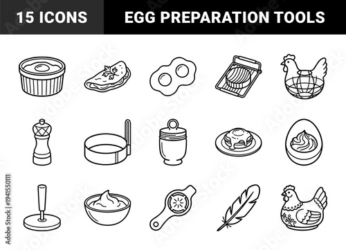 Breakfast preparation and poultry farming line art elements. Technical monoline pictograms featuring boiled eggs, omelets, and specialized kitchen gadgets.