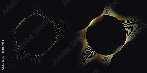 Abstract circle wave lines, gradient light equalizer gold wavy curve. Round frame in luxury golden color isolated on black background. Editable stroke. Vector illustration with copy space