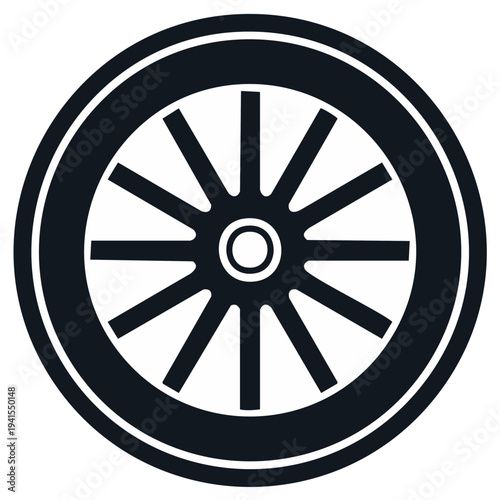 Minimalist black silhouette of a rustic spoked wagon wheel vector icon