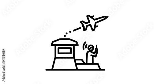 Air traffic control tower with pilot communicating with airplane taking off, aviation concept.