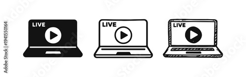 Laptop with live stream play button icon set, ideal for online events, webinars, and digital content.