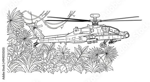 Apache Helicopter Flying Over Dense Jungle Foliage - Military Aircraft Illustration