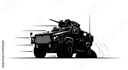 Armored Military Vehicle Driving Fast, Tactical Transport, Combat Vehicle Silhouette