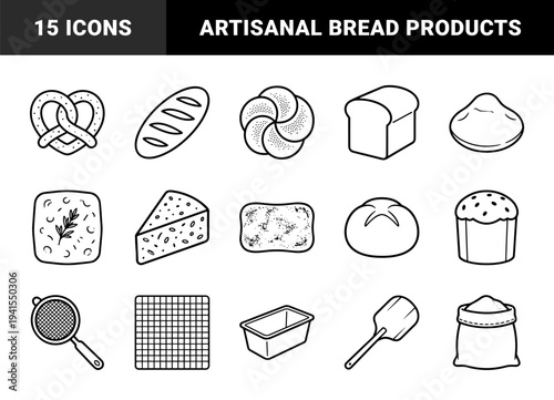 Bakery and bread production elements for culinary branding. Minimalist monoline outlines featuring artisanal loaves, kneading dough, and professional pastry tools.