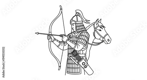 Ancient Warrior Archer on Horseback, Historical Combat, Medieval Soldier with Bow