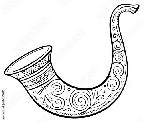 Line art illustration of a vintage style soprano saxophone with ornamental details and decorative swirl patterns.