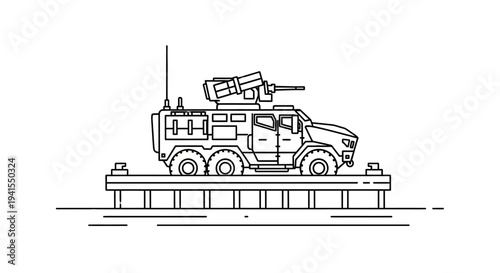 Armored Military Vehicle with Rocket Launcher on Platform, Line Art