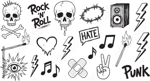 Black and white illustration of punk rock symbols and elements including skulls, music notes, and protest signs displayed together